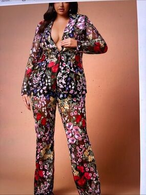 Fashion Nova Black Sheer Floral Embroidered Wide Leg pants suit- Pink/Red/Gold